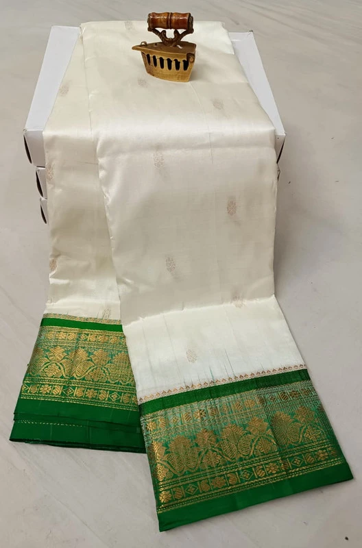 Bleach White With Green Border traditional silk saree with zari border for festive and wedding occasions