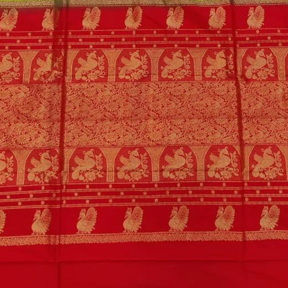 Golden Yellow with Red Contrast Gadwal traditional silk saree with zari border for festive and wedding occasions