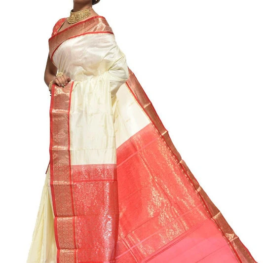 Off White and Red Contrast Traditional Kanchipuram Pure Silk Saree