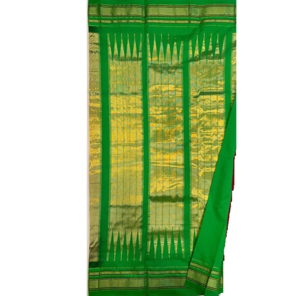 Pure Ilkaal Checks saree in Red & Green with zari border and traditional woven patterns