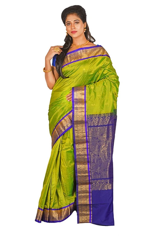 Nine Yards Kanchipuram Pure Silk Saree in Parrot Green with Voilet Contrast
