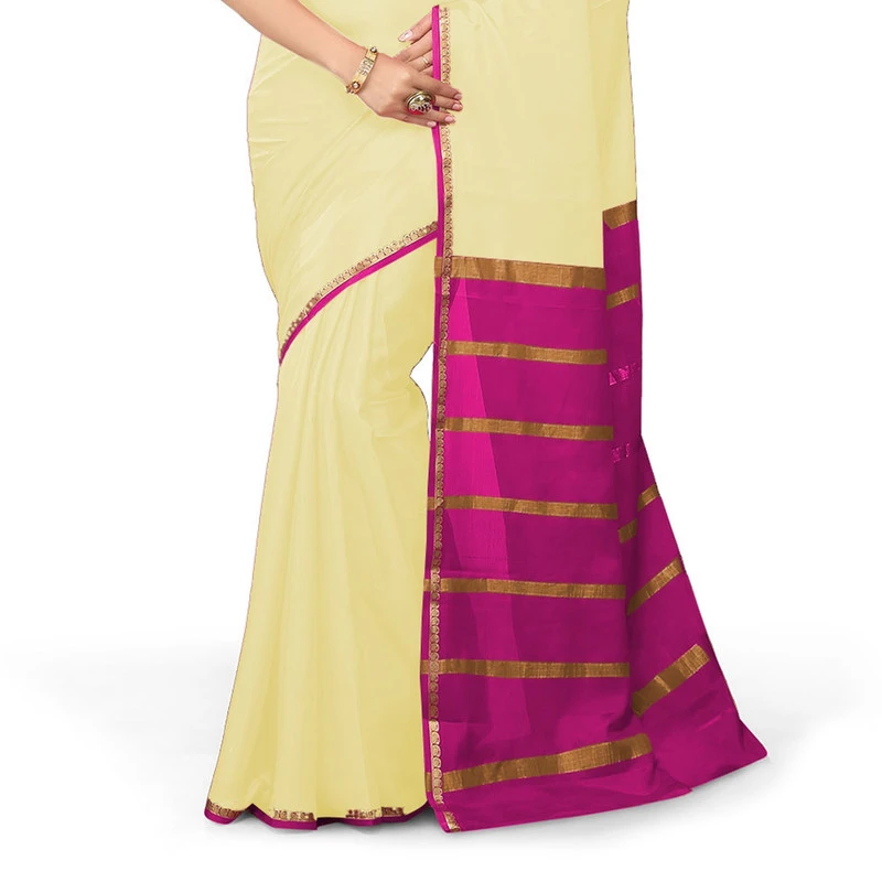 Tussar Cream with Pink Contrast Onam Special Pure Mysore Silk Handwoven saree