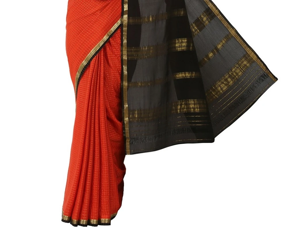 Bold Pure Mysore Silk Saree in Crimson Red & Stunning Gold Zari Border