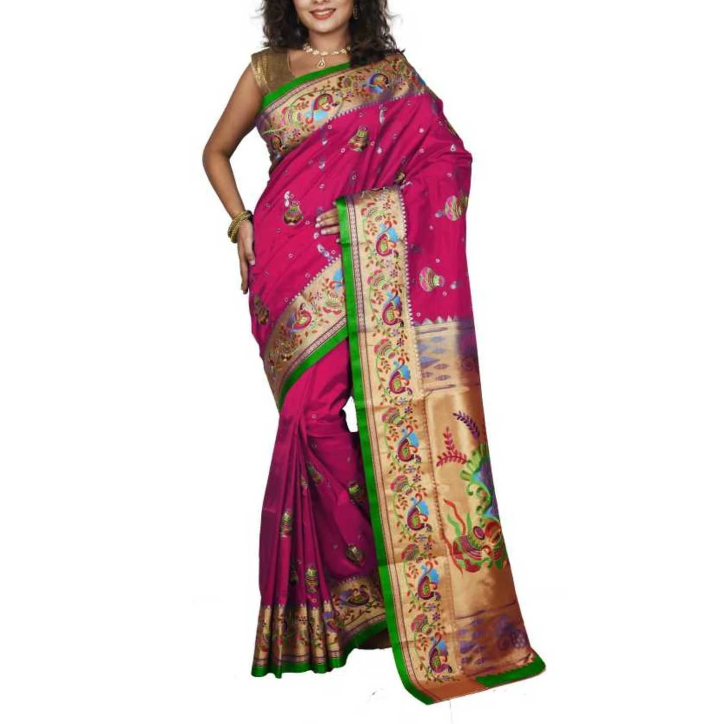 Pink and Green Allover Embroidery Fancy Paithani Art Silk Saree
