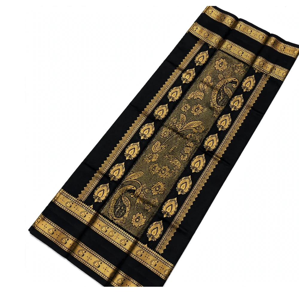 Orange and Black Kanchipuram silk saree with Bentex border and golden motifs