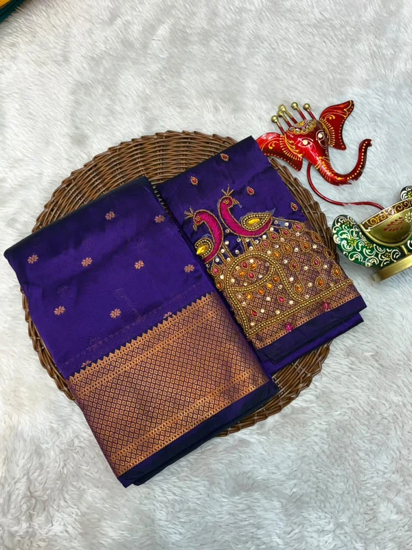 Self Magenta Silk Paithani Saree with Peacock Embroidery Designer Blouse