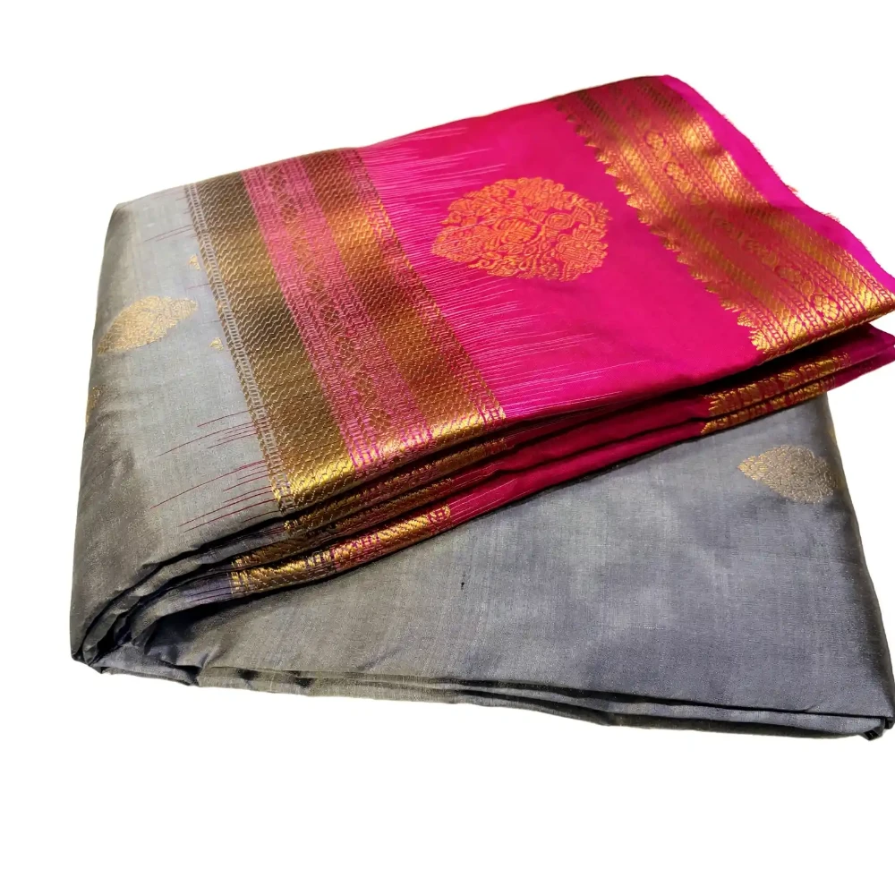 Grey & Pink Kanchipuram Pure Silk Saree with Blouse