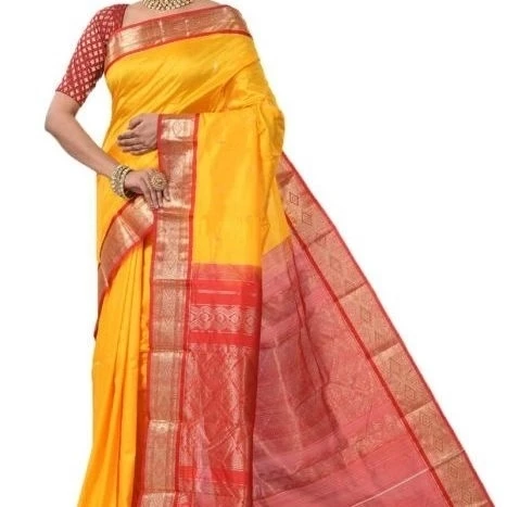 Traditional Arangetram Kanchipuram Pure Silk Saree in Golden Yellow with Red Contrast 