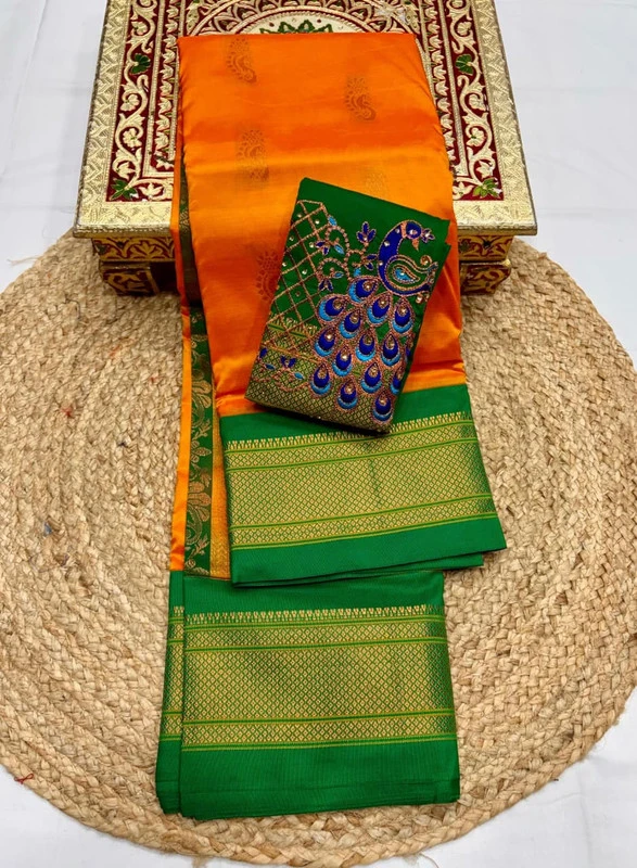 Orange Pure Silk Saree with Pink Border