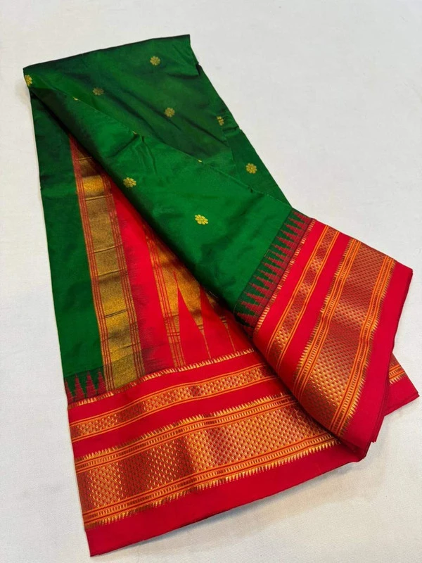 Bottle Green and Red  Border - Traditional Handwoven Ilkaal Butta Saree