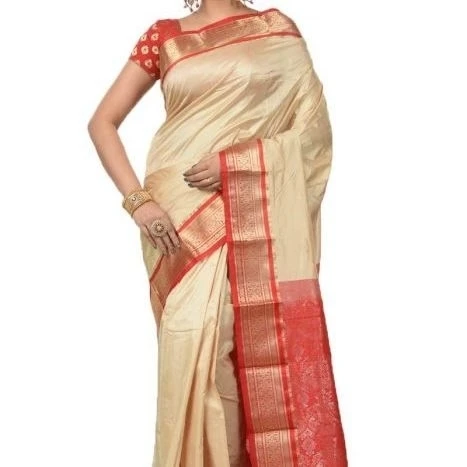 Off White and Red Traditional Kanchipuram Pure Silk Saree