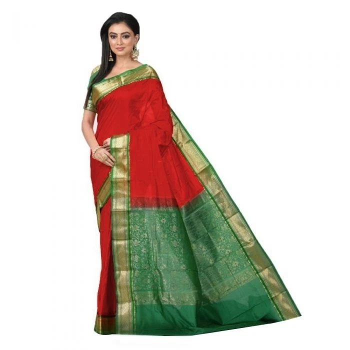 Red and Green Traditional Kanchipuram Pure Silk Saree