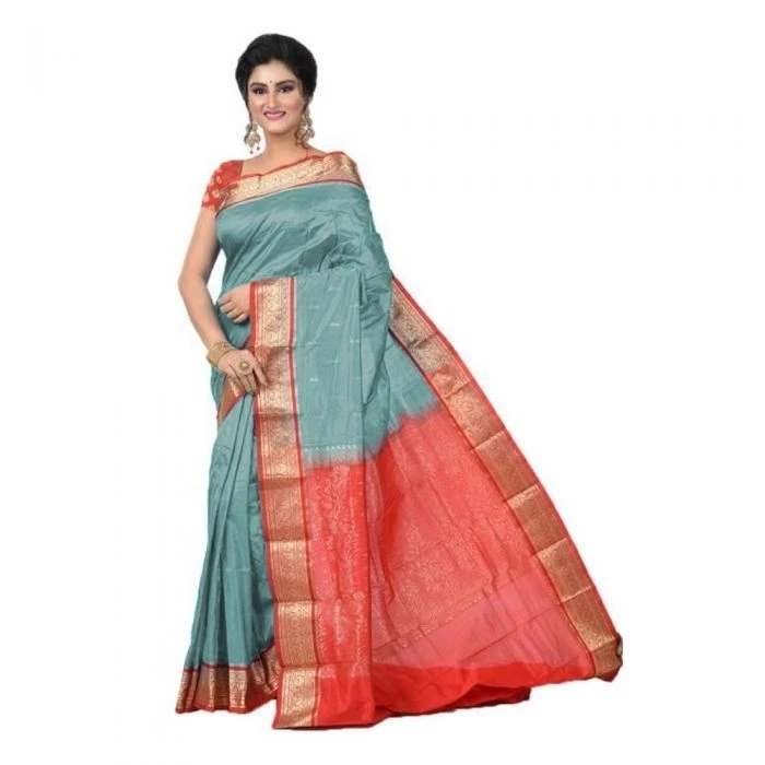 Grey Green and Red Traditional Kanchipuram Pure Silk Saree