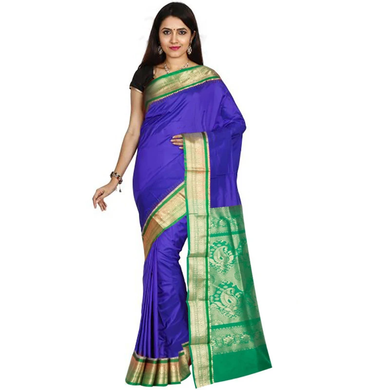 Royal Blue and Green Contrast Traditional Kanchipuram Pure Silk Saree