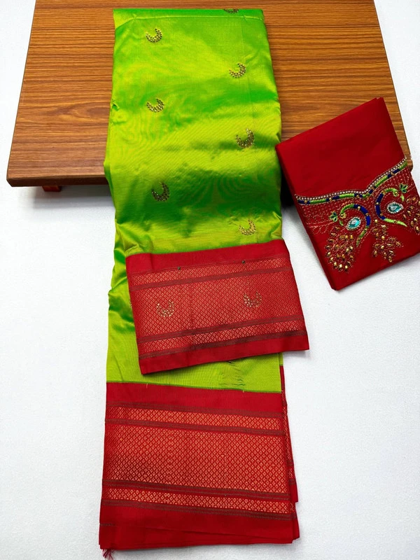 Lime Green & Teal Semi Silk Paithani saree with peacock embroidery blouse and traditional border