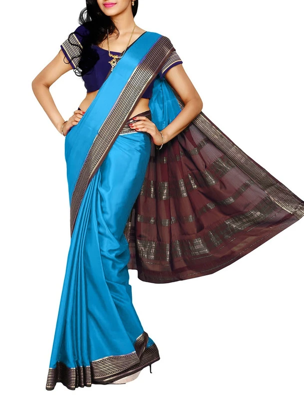 Anandha Blue with Brown Contrast MultiLine Border Premium Quality Pure Mysore Silk Saree