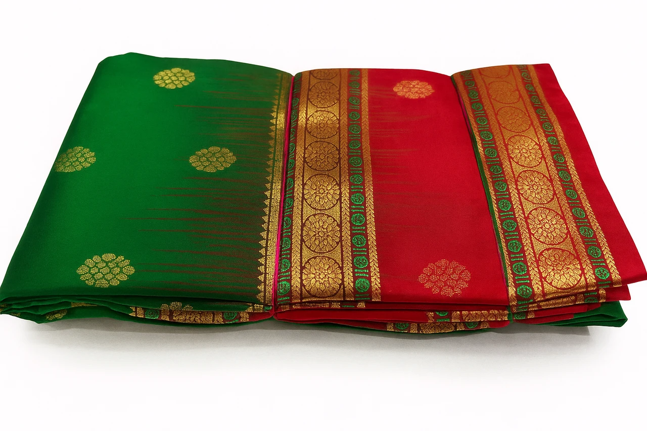 Green and Multicolor Contrast Exclusive Kanchipuram Pure Silk Saree with Bentex Border & Diamond Butta