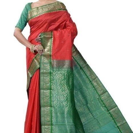 Traditional Kanchipuram Pure Silk Saree in Red with Green Contrast 