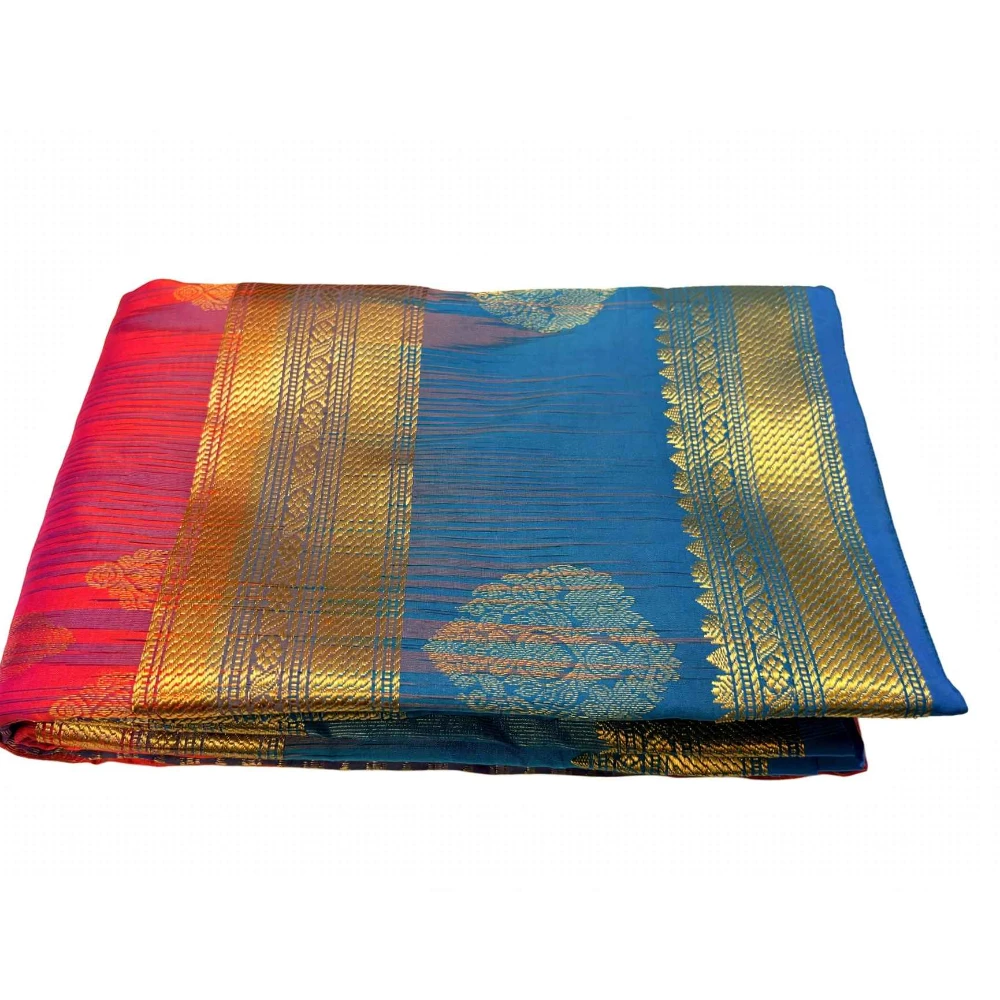 Exclusive Kanchipuram Pure Silk Saree with Pure Silk Blouse - Royal Blue & Pink