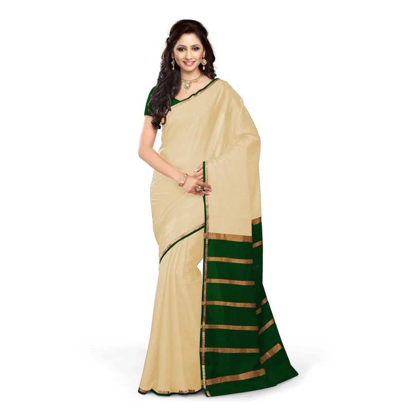 Tussar Cream with Green Contrast Onam Special Pure Mysore Silk Handwoven saree