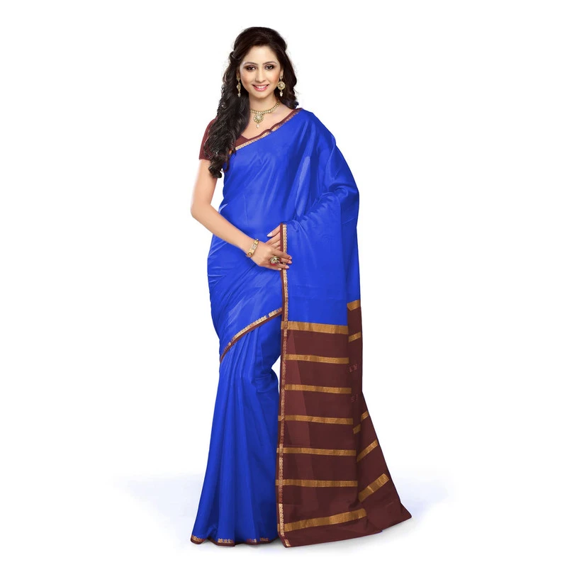 Pure Mysore Silk saree in Ink Blue and  Grown Contrast Mango Border