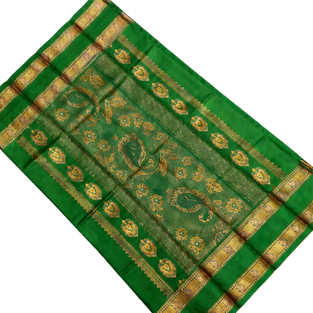 Hot pink silk saree with green and gold Bentex border with paisley designs.