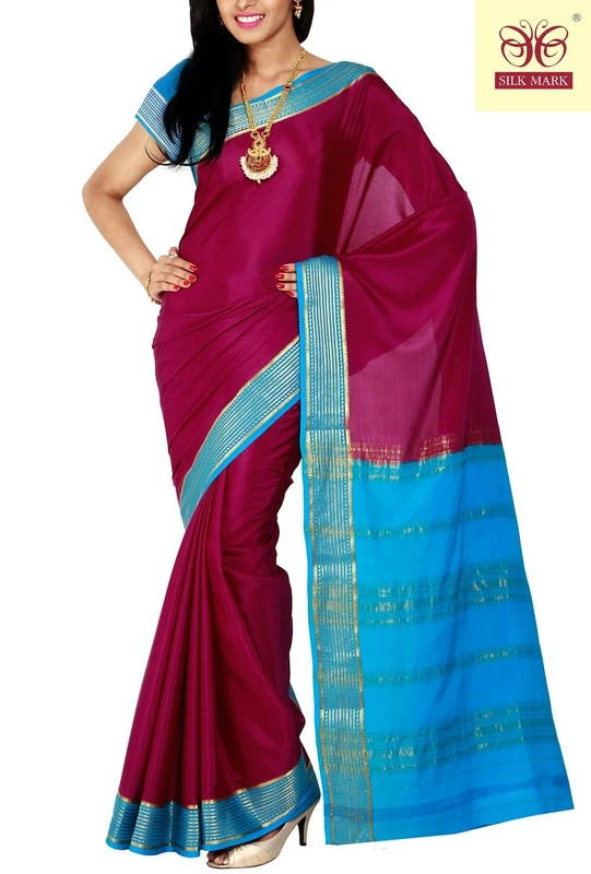 Dark Purple with Anandha Blue Contrast MultiLine Border Premium Quality Pure Mysore Silk Saree