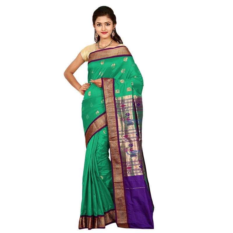 Paithani Pure Silk Green with Violet Border Meena Butta  Saree with Silk Mark