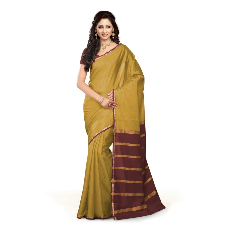 Pure Mysore Silk saree in Peach Orange and Brown Contrast Mango Border