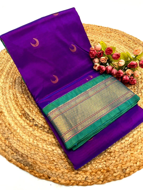 Regal Purple Pure Silk Paithani Saree with Crescent Moon Motifs & Teal Contrast Border
