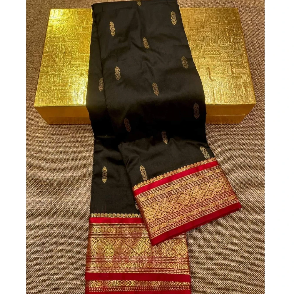 Kanchipuram Pure Silk Saree in Black with Red Border