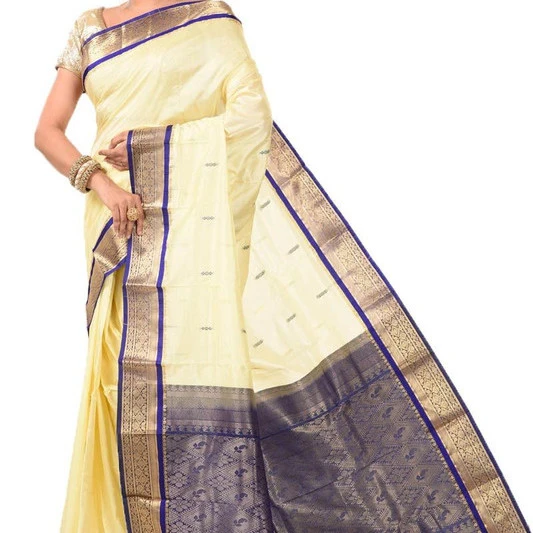Cream and Voilet Contrast Traditional Sarees for Arangetram in Kanjeevaram Silk