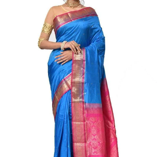 Milk White and Ananda Blue Contrast Traditional Kanchipuram Pure Silk Saree