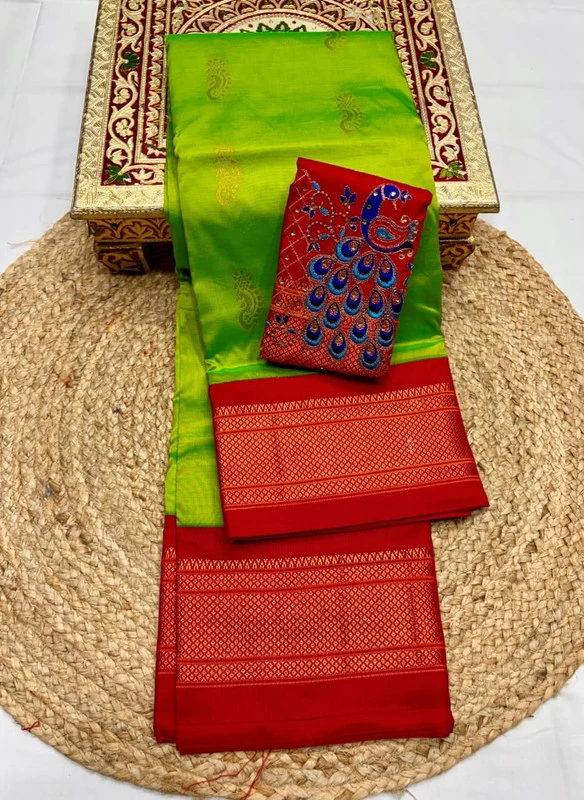 Parrot Green wth Rani Border Semi Silk Paithani Saree with Peacock Embroidery Blouse
