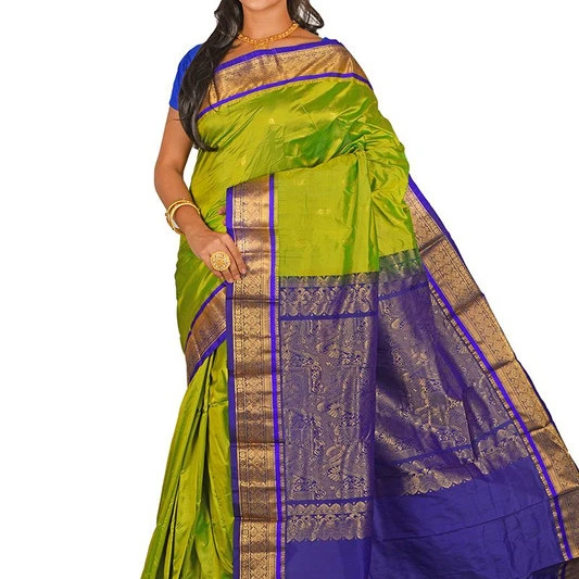 Traditional Arangetram Kanchipuram Pure Silk Saree in Parrot Green with Voilet Contrast 
