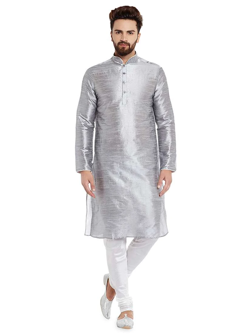 Silver Grey Dupion Silk Mens Kurtha with White Pajama
