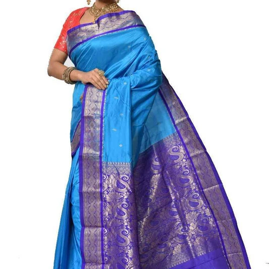 Sky Blue and Violet Contrast Traditional Kanchipuram Pure Silk Saree
