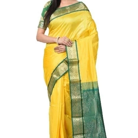 Lime Yellow and Green Contrast Traditional Kanchipuram Pure Silk Saree