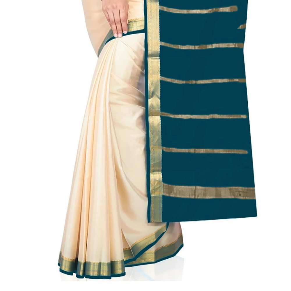 Tussar Cream with Rama Green Contrast Onam Special Pure Mysore Silk Handwoven saree