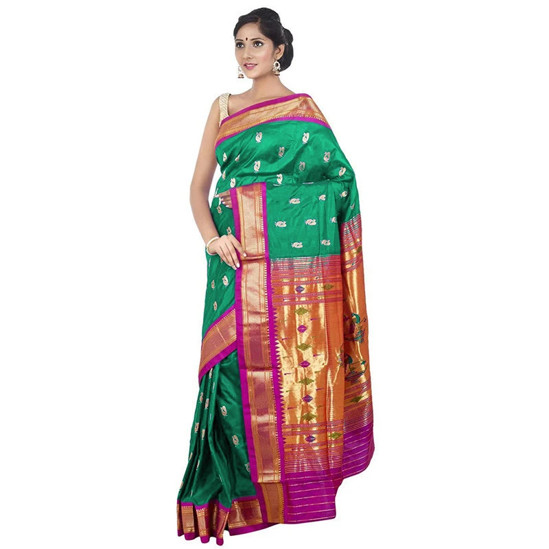 Paithani Pure Silk Leaf Green and Magenta Border Meena Butta Saree with Silk Mark