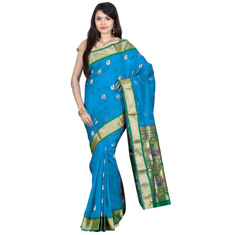 Handwoven Paithani Pure Silk  Sky Blue and Green Border Saree with Silk Mark