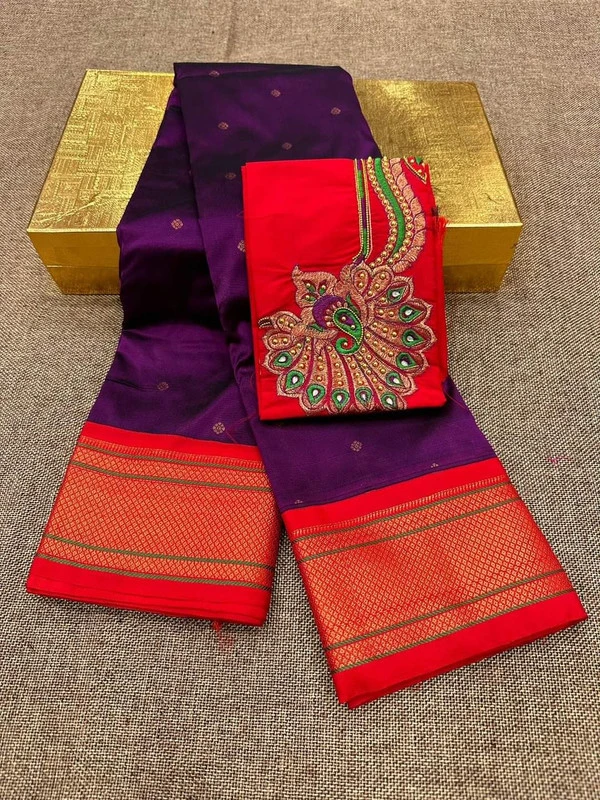 Purple & Red Semi Silk Paithani Saree with Peacock Embroidery Blouse