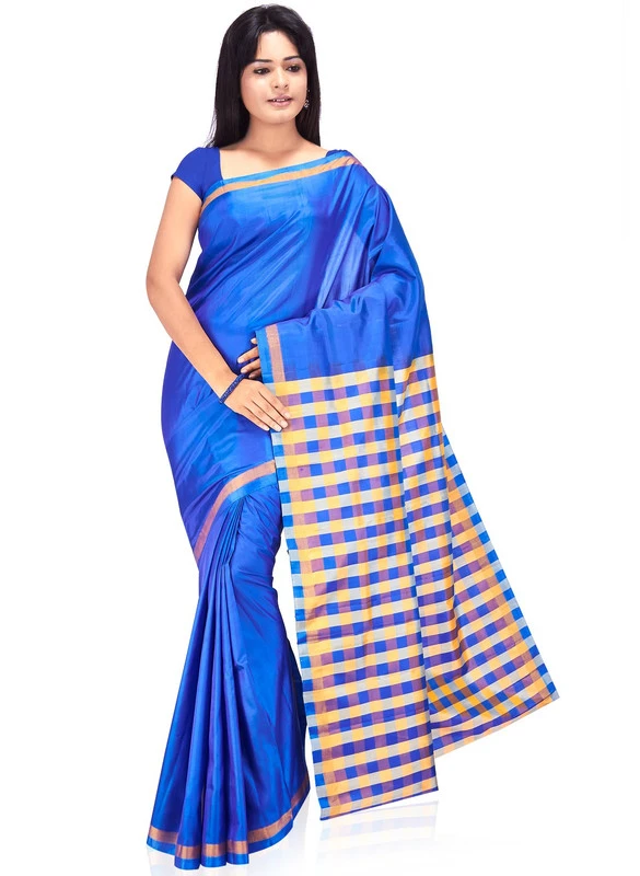 Royal Blue Check with Contrast Handwoven Pure Bangalore Silk Kadiyal Saree with Silk Mark