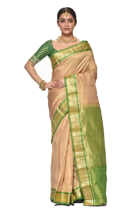 Traditional Kanchipuram Pure Silk Saree in Chikku with Green Pink Contrast 