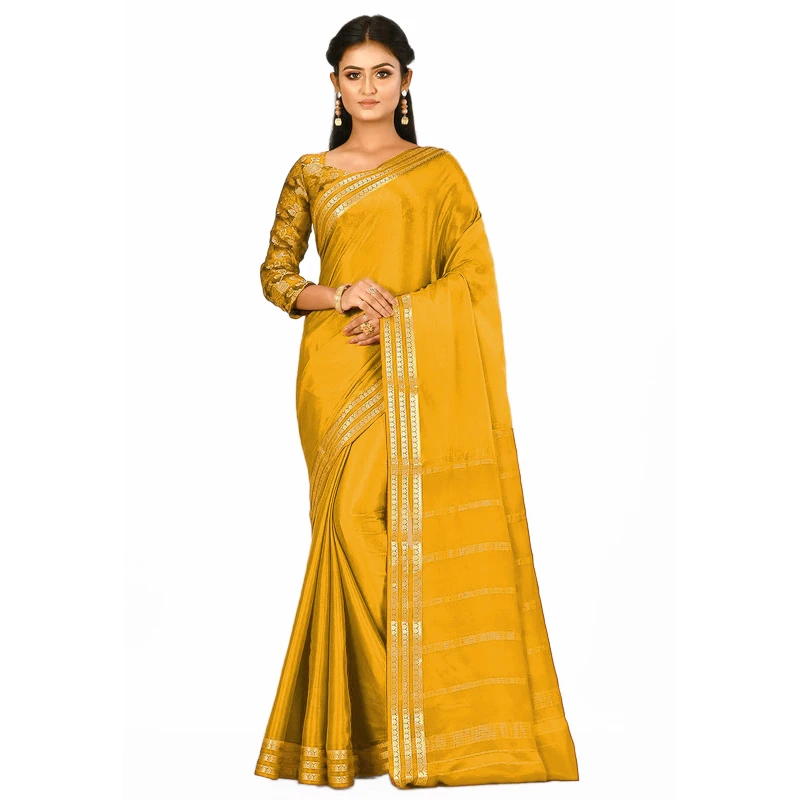 Orange Self Coloured Three Lines Border Pure Mysore Silk Saree with silk Mark