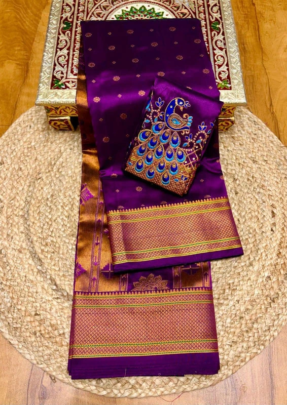 Regal Magenta Self Semi Silk Paithani Saree with Peacock Embroidery Designer Blouse