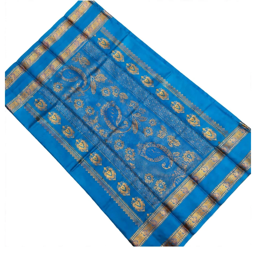 Peach and Blue Kanchipuram silk saree with Bentex border and golden motifs
