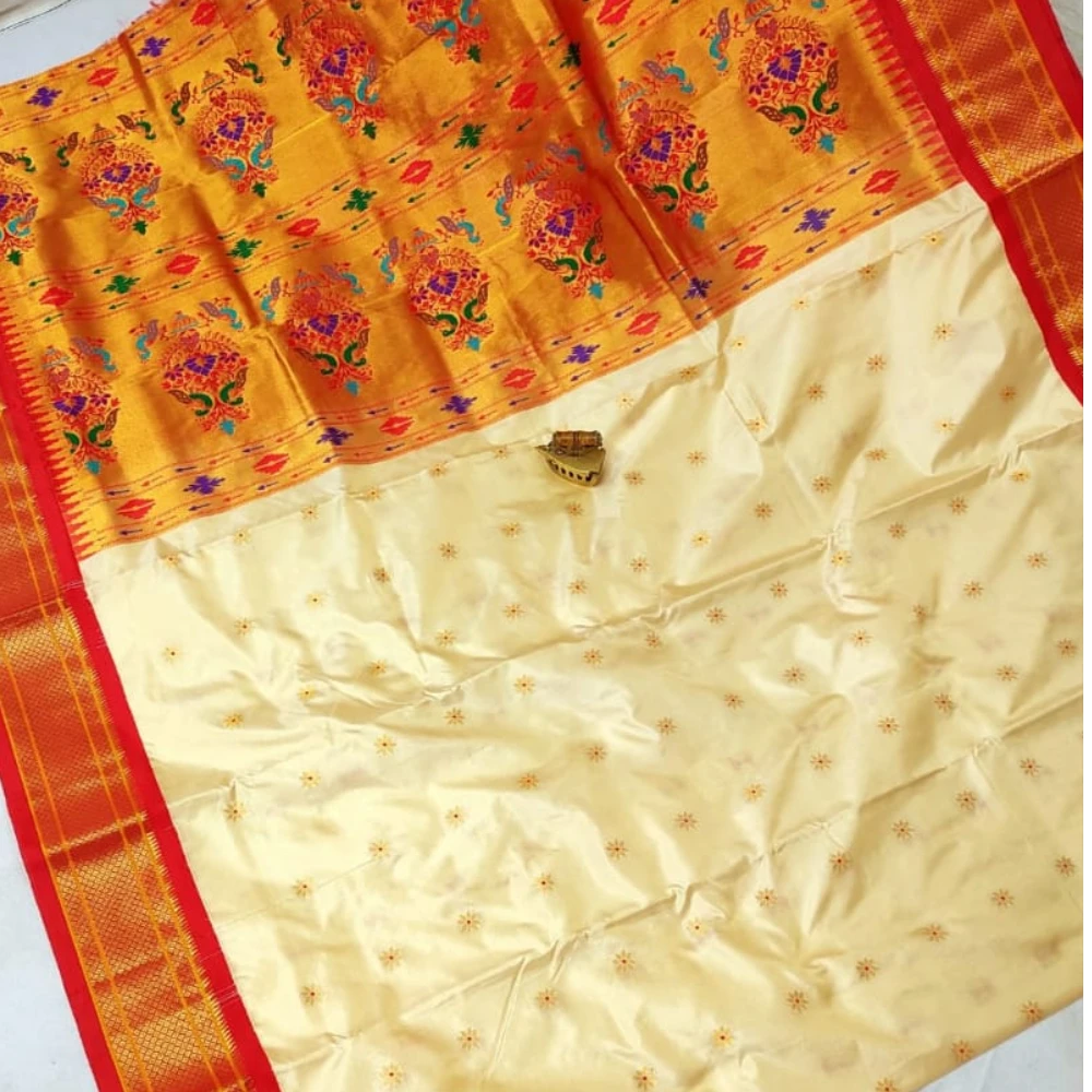 Cream Pure Silk Paithani Saree featuring luxurious silk fabric, rich zari woven borders, elegant traditional motifs