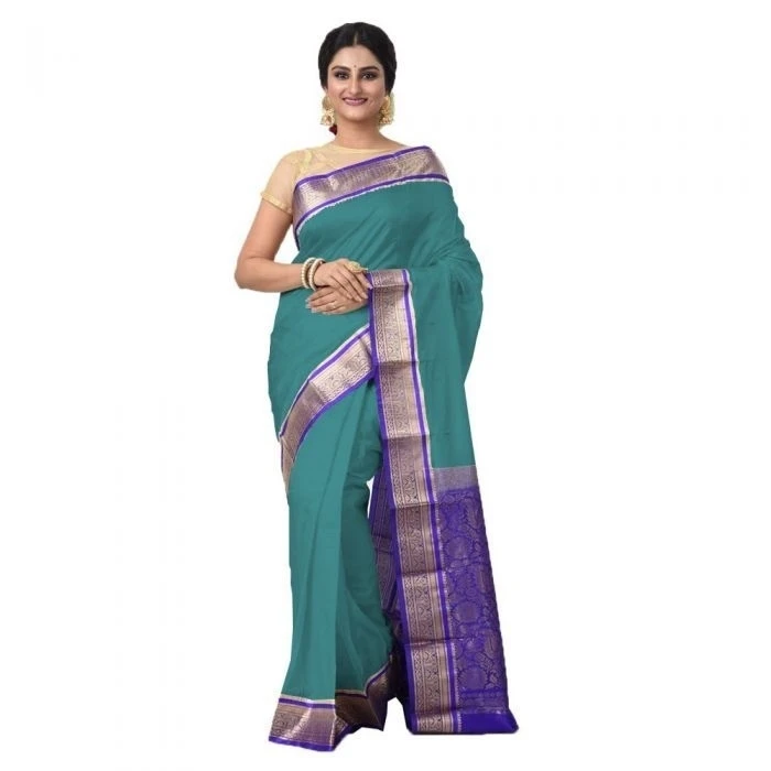Rama Green and Violet Contrast Traditional Kanchipuram Pure Silk Saree 