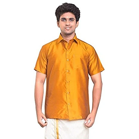 Golden Orange Dupion Silk Half Slevees Shirt